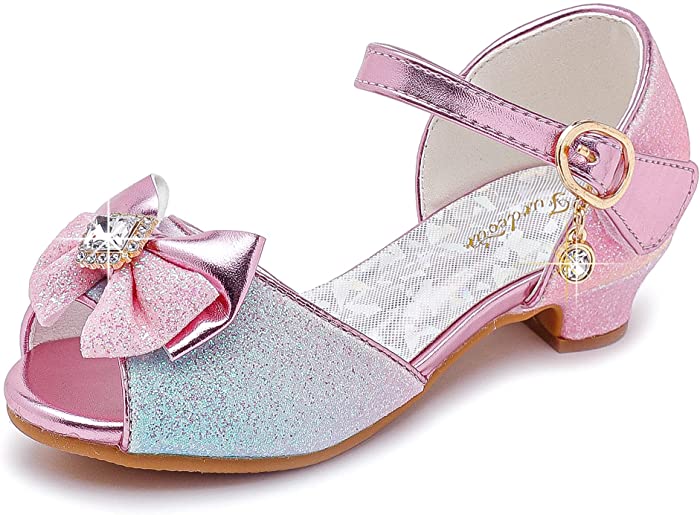 Furdeour Girls Sandals Glittler Bow Dress Shoes Princess Crystal High Heels Party Wedding Flower Girls Shoes for Kid Toddler