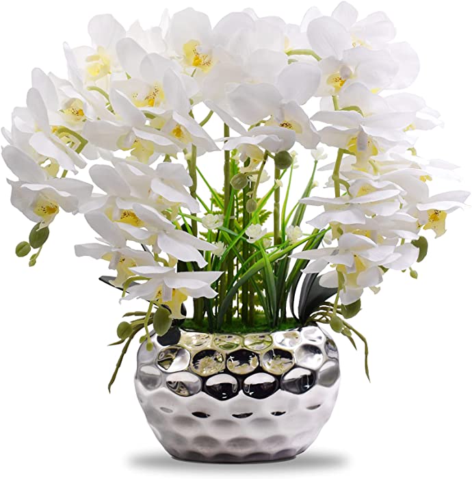 Faux Orchid Artificial Flowers with Silver Ceramic Vase, Artificial Plants for Home Table Decor Indoor