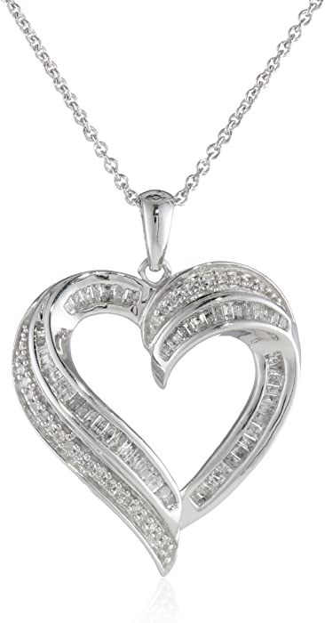Amazon Collection Sterling Silver Diamond Heart Pendant Necklace (1/2 cttw), 18"