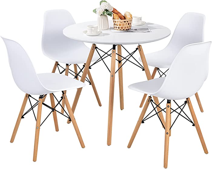 Giantex 5-Piece Dining Table Set, Modern Round Dining Table & 4 DSW Chairs W/Solid Wood Legs, Dining Room Set, Farmhouse Home Furniture for Kitchen Restaurant, Dining Table Set for 4, White