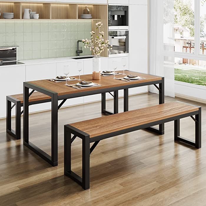 SHA CERLIN 3-Piece Dining Table Set with 2 Benches, Rustic Kitchen Table Set for 4-6, Space-Saving Dinette, Sturdy Structure, Easy Assemble, Walnut + Black