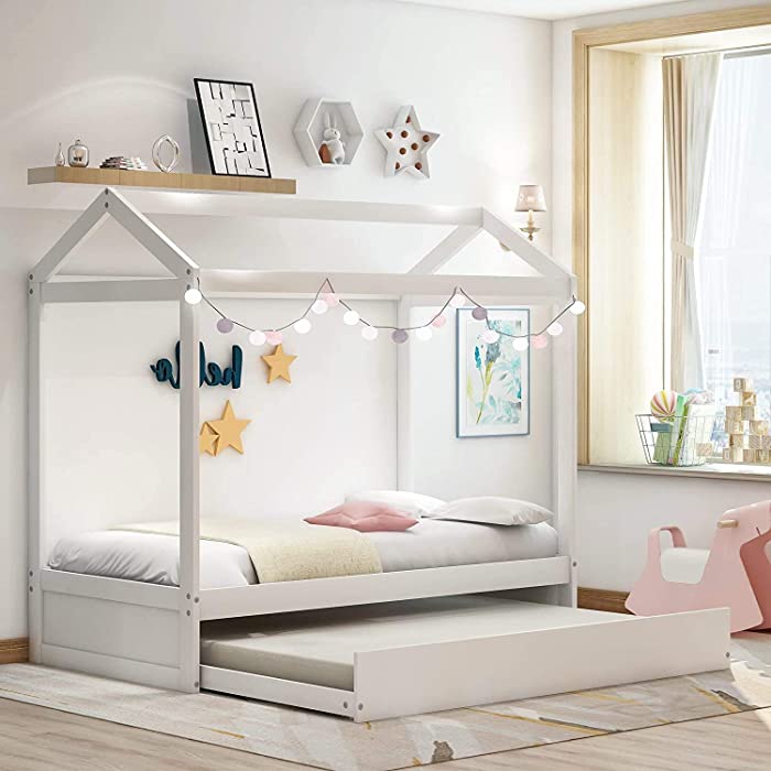 Decoration House Bed with Trundle, Twin Size Wood Bed House Bed Frame, Trundle Bed for Kids, Teens, Girls, Boys (White)