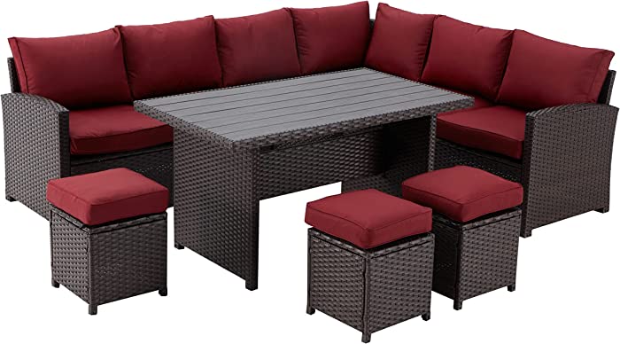 SDYEI 7 Pieces Outdoor Patio Furniture Set, Outdoor Patio Furniture with Dining Table and Chair， All Weather Patio Furniture Sets Clearance Sectional with Cushion (Red)