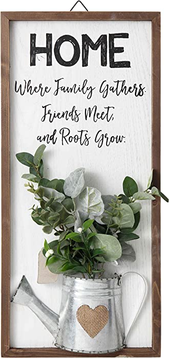 TERESA'S COLLECTIONS Large Modern Farmhouse Wood Home Sign Decor 21 x 10 inch, Vertical Rustic Gather Sign with Artificial Eucalyptus for Living Room, Family Wall Art Decor for Dining Room