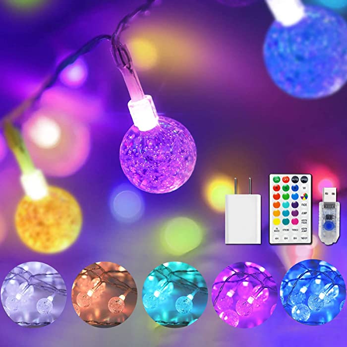 Color Changing Globe String Lights USB Plug, 16.4 ft 50 LEDs Crystal Bubble Ball Fairy Lights with Remote Control Timer Ambient Lighting for Girls Bedroom Home Xmas Halloween Party Decor (16 Colors)