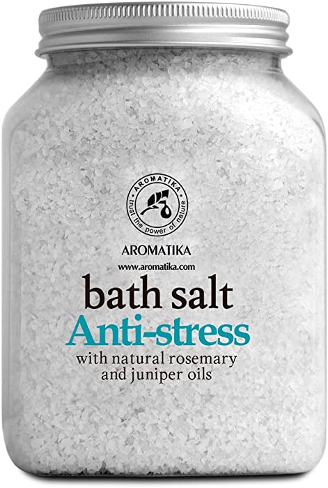 De-Stress Bath Salt 46 oz - 100 % Natural & Pure Salt Essential Oils Rosemary & Juniper - Best for Good Sleep - Relaxing - Calming - Body Care - Beauty - Aromatherapy - Stress Relief