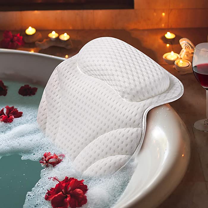 Bath Pillow Bathtub Spa Cushion - Ergonomic Bath Pillows for Tub Neck & Back Support - Bath Tub Pillow with 4D Air Mesh Breathable Bath & 6 Non-Slip Suction Cups Accessories