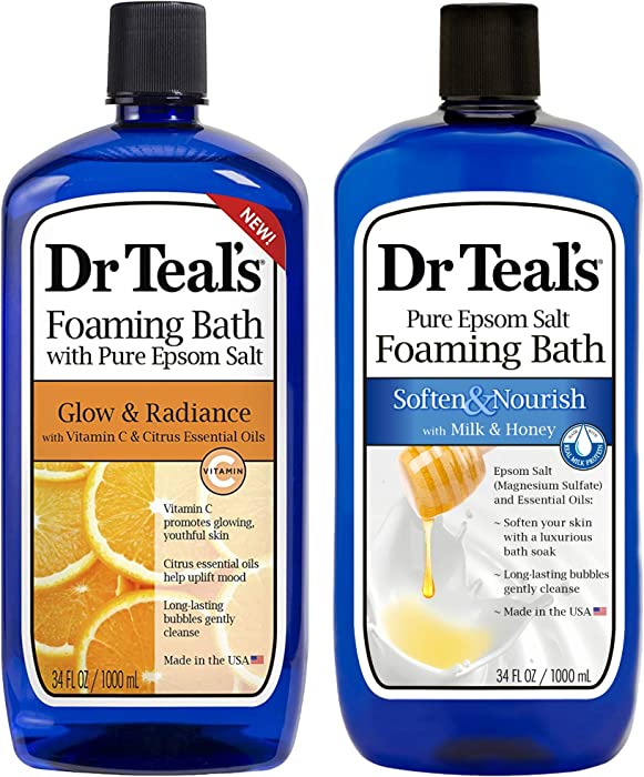 Dr Teal's Foaming Bath Combo Pack (68 fl oz Total), Soften & Nourish with Milk & Honey, and Glow & Radiance with Vitamin C and Citrus Essential Oils