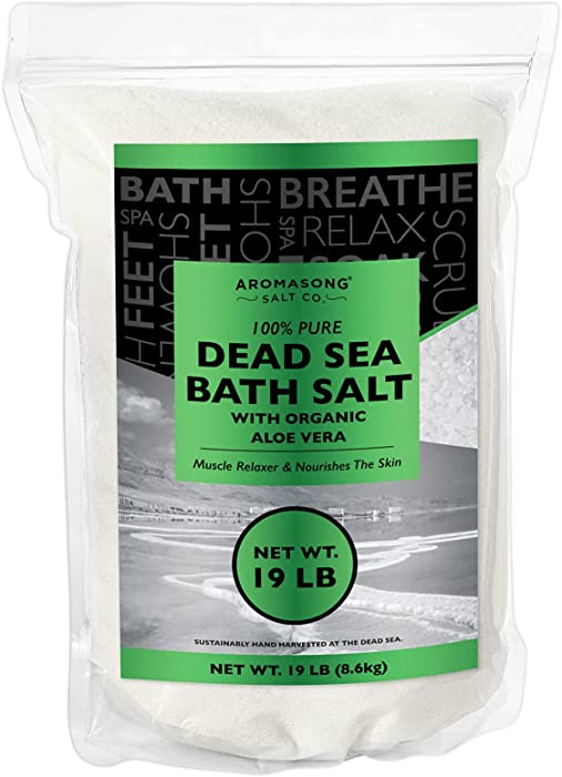 Dead Sea salt With ORGANIC ALOE VERA, Spa bath salts, 19 Lbs Fine Grain Large bulk resealable pack, 100% Pure & natural, Used for Body wash Scrub, Soak for Women & Men for Tired Muscles & Skin Issues.