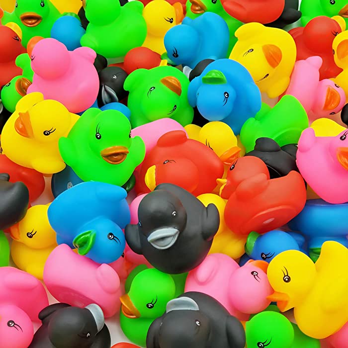 Classic Rubber Duck Toy Duckies for Kids, Six Solid Colors, Bath Birthday Gifts Baby Showers Classroom Summer Beach and Pool Activity, 2" (50-Pack)