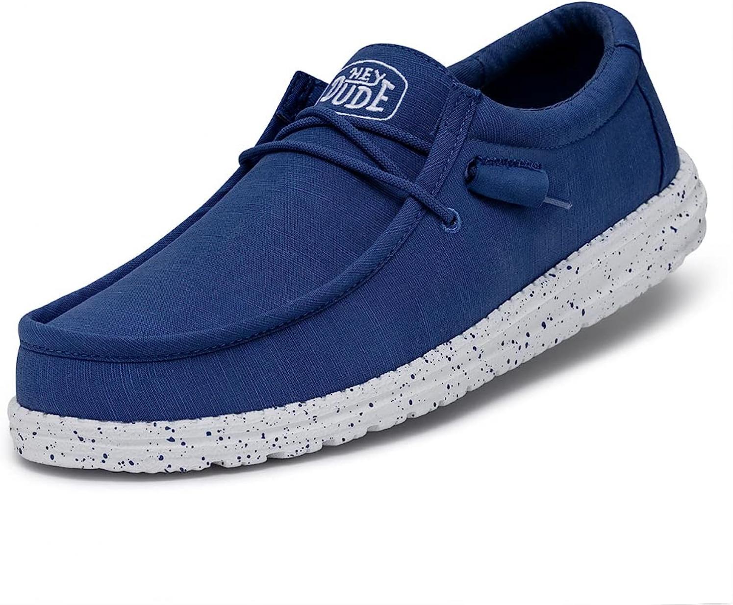 Hey Dude Men's Wally Slub Canvas True Blue Size 14 | Men's Loafers | Men's Slip On Shoes | Comfortable & Light-Weight