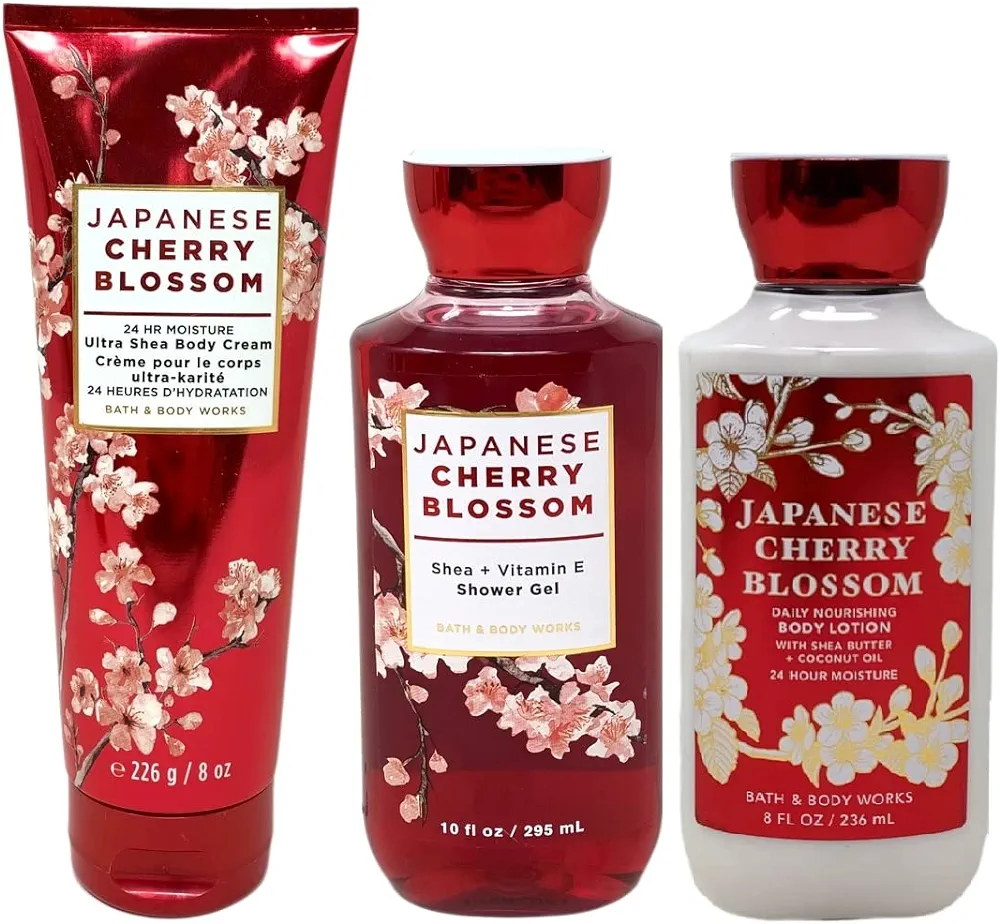 Japanese Cherry Blossom Gift Set - 3 Piece Bath and Body Works Gift Set - Japanese Cherry Blossom Lotion + Ultra Shea Triple Moisture Cream + Shower Gel