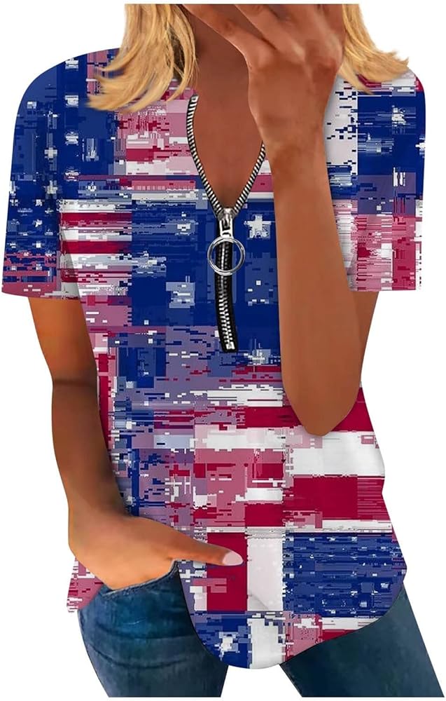 Ceboyel Women's American Flag T Shirts 4Th of July Half Zip Casual Tees Tops Short Sleeve Patriotic Blouese Ladies Outfits