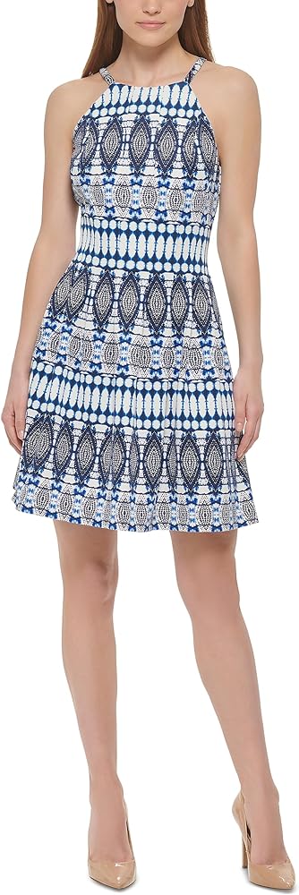 Vince Camuto Womens Printed High Neck Fit Flare Dress