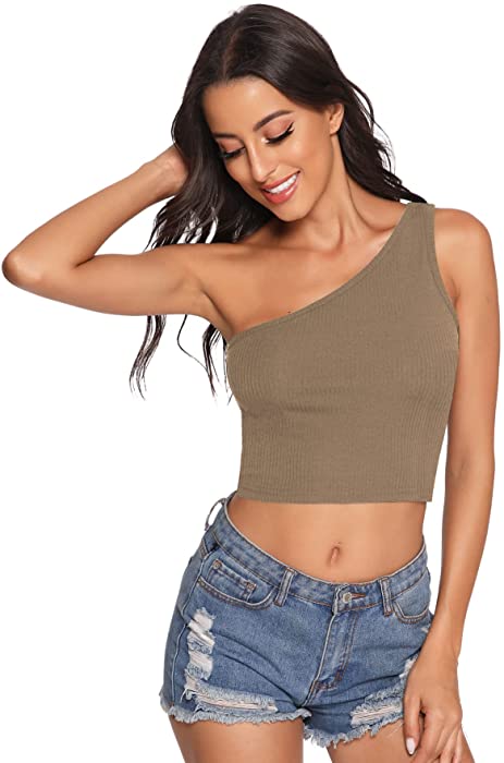 Verdusa Women's One Shoulder Sleeveless Ribbed Knit Crop Top Brown M