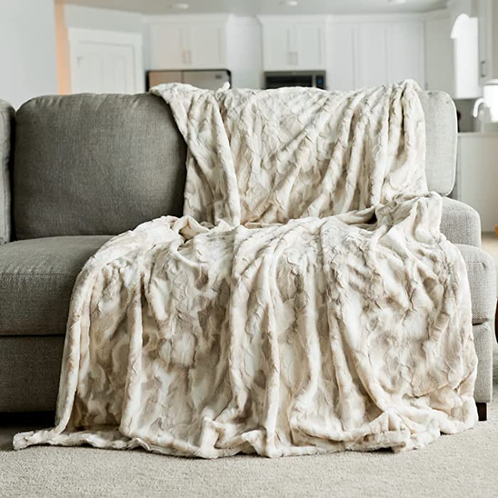 Oversized Throw Blanket Warm Elegant Softest Cozy Faux Fur Home Throw Blanket 60" x 80", Marbled Ivory