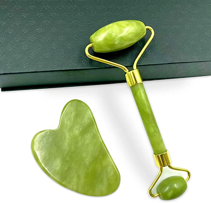 HT-direct Jade Roller＆Gua Sha Facial Tools Guasha Tool for Face Gua Sha Stones with Face Roller Neck and Eye Treatment Facial Roller Self Acupuncture Spa Treatment Set