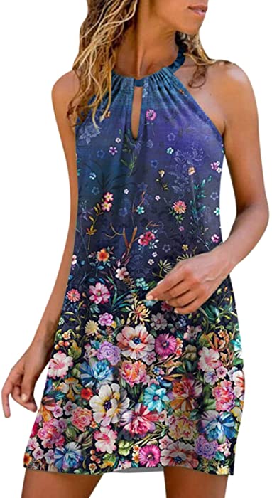 Summer Halter Dresses for Women Vintage Boho Floral Print Tank Mini Dress Sleeveless Beach Cocktail Party Sundress
