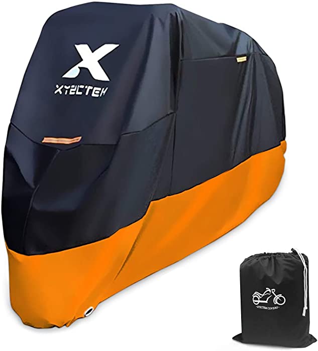 XYZCTEM Motorcycle Cover – All Season Waterproof Outdoor Protection – Precision Fit up to 96 Inch Tour Bikes, Choppers and Cruisers – Protect Against Dust, Debris, Rain and Weather(XL,Black& Orange)