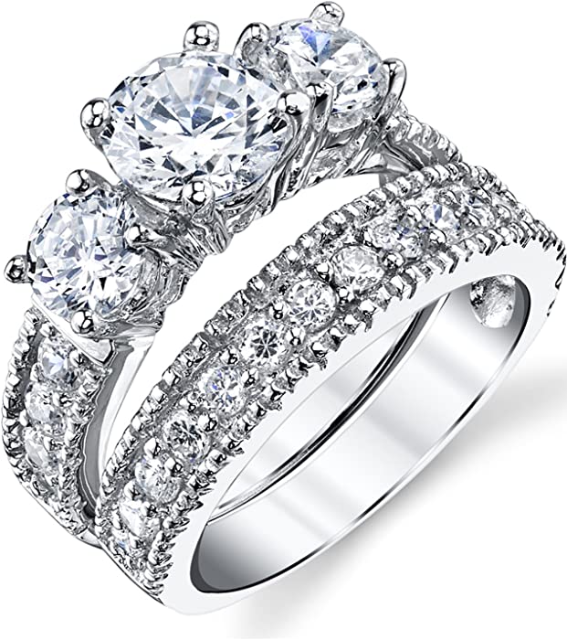 1.25 Carats Sterling Silver Past Present Future 2-Pc Bridal Set Cubic Zirconia Engagement Wedding Ring Band