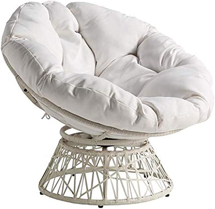 OSP Home Furnishings Wicker Papasan Chair with 360-Degree Swivel, 40” W x 36” D x 35.25” H, White Frame with White Cushion