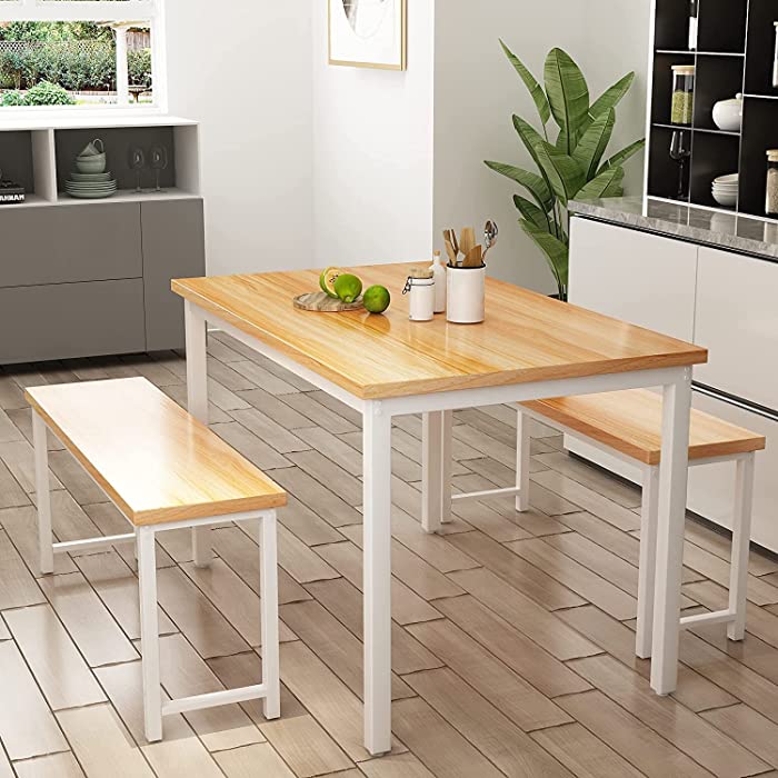 AWQM Dining Room Table Set, Kitchen Table Set with 2 Benches, Ideal for Home, Kitchen and Dining Room, Breakfast Table of 43.3x23.6x28.5 inches, Benches of 38.5x11.8x17.5 inches, Beige