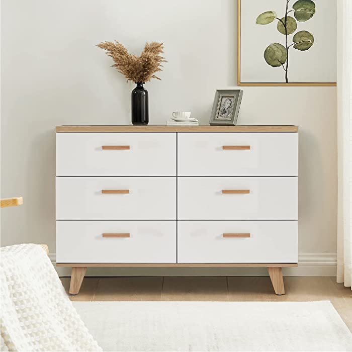 HIUU White Dresser 6 Drawer,Natural Wood Dresser for Bedroom,White Chest of Drawers,Dresser Organizers and Storage,Bedroom Furniture