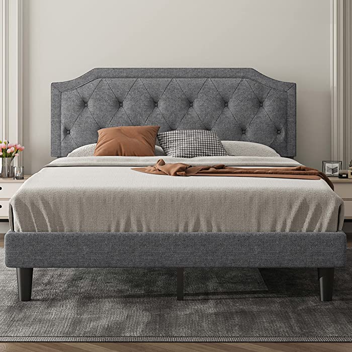 Allewie Queen Bed Frame with Diamond Button Tufted Headboard, Upholstered Platform Bed with Sturdy Wood Slat Support, No Box Spring Needed, Easy Assembly, Light Grey