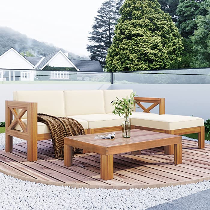 Acacia Wood Sectional Sofa Set with Cushions, All-Weather Patio Sectional Conversation Set, Outdoor Patio Furniture Set with Coffee Table