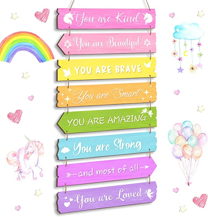 Inspirational Rainbow Wall Decor Aesthetic Motivational Wall Art Girl Room Wall Decor Wooden Wall Hanging Sign Room Decorations for Teens Girls Toddler Room Sign Nursery Dorm Decoration (Unicorn)