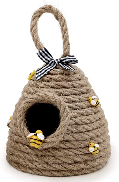 Bee Hive Decor Honey Bee Tiered Tray Decor Bumble Bee Decorations for Home Mini Jute Bee Skep with The Loop Farmhouse Kitchen Summer Spring Decor Natural Bee House Bumble Bee Theme Party Decor