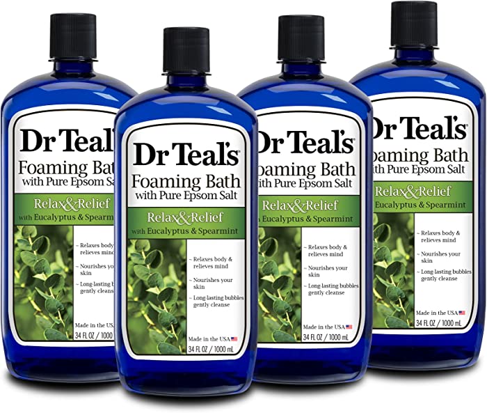 Dr Teal's Foaming Bath with Pure Epsom Salt, Relax & Relief with Eucalyptus & Spearmint, 34 fl oz (Pack of 4)