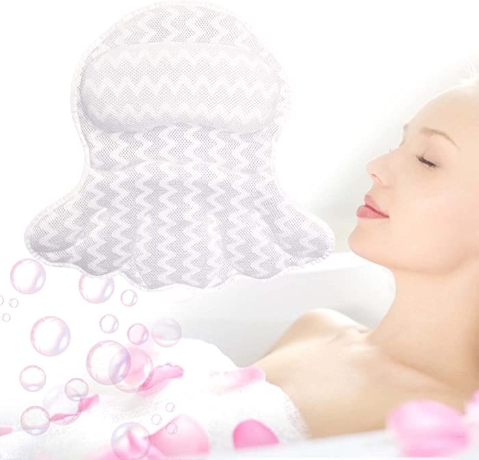 Bath Pillow Bathtub Pillow, 4D Air Mesh Bath Pillow Head, Neck & Back Support Breathable Quick Dry with Large Suction Cups Portable Washable Bathtub Accessories (Octopus)