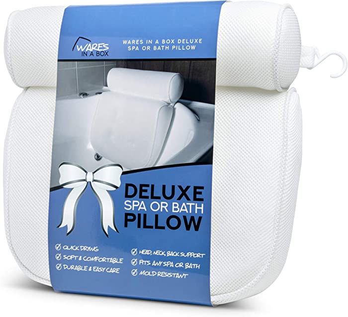 Bath Pillow For Neck Pain Relief | Perfect Bathtub Support | Ideal as Luxury Spa or Hot Tub Pillow | Soft Cushion for Back Pain Relief | Strong Suction Cups | New Larger Size | Wares In A Box