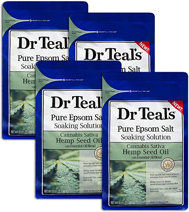 Dr Teal's Epsom Salt 4-Pack (12 lbs Total) Hemp Seed Oil - Pure Epsom Salt for Soothing Winter Baths and Muscle Recovery - with Essential Oil Blend