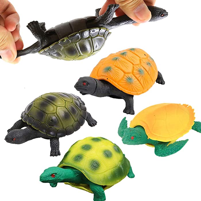 Turtle Toys,5 Inch Rubber Tortoise Turtle Sets(4 Pack),Great Safety Material TPR Super Stretchy,Can Hide in Shell,Sea Ocean Animal Bathtub Bath Pool Toy Party Favors Boys Kids