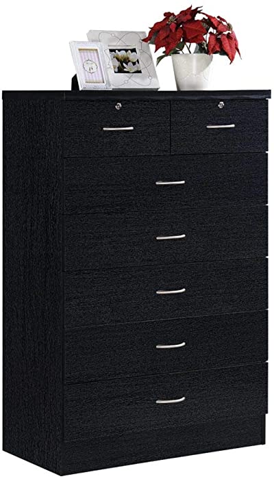 HODEDAH IMPORT Hodedah 7 Chest with Locks on 2-Top Drawers in Black Dresser, Assembled dimensions: 48 in. H x 31.5 in. W x 18 in. D