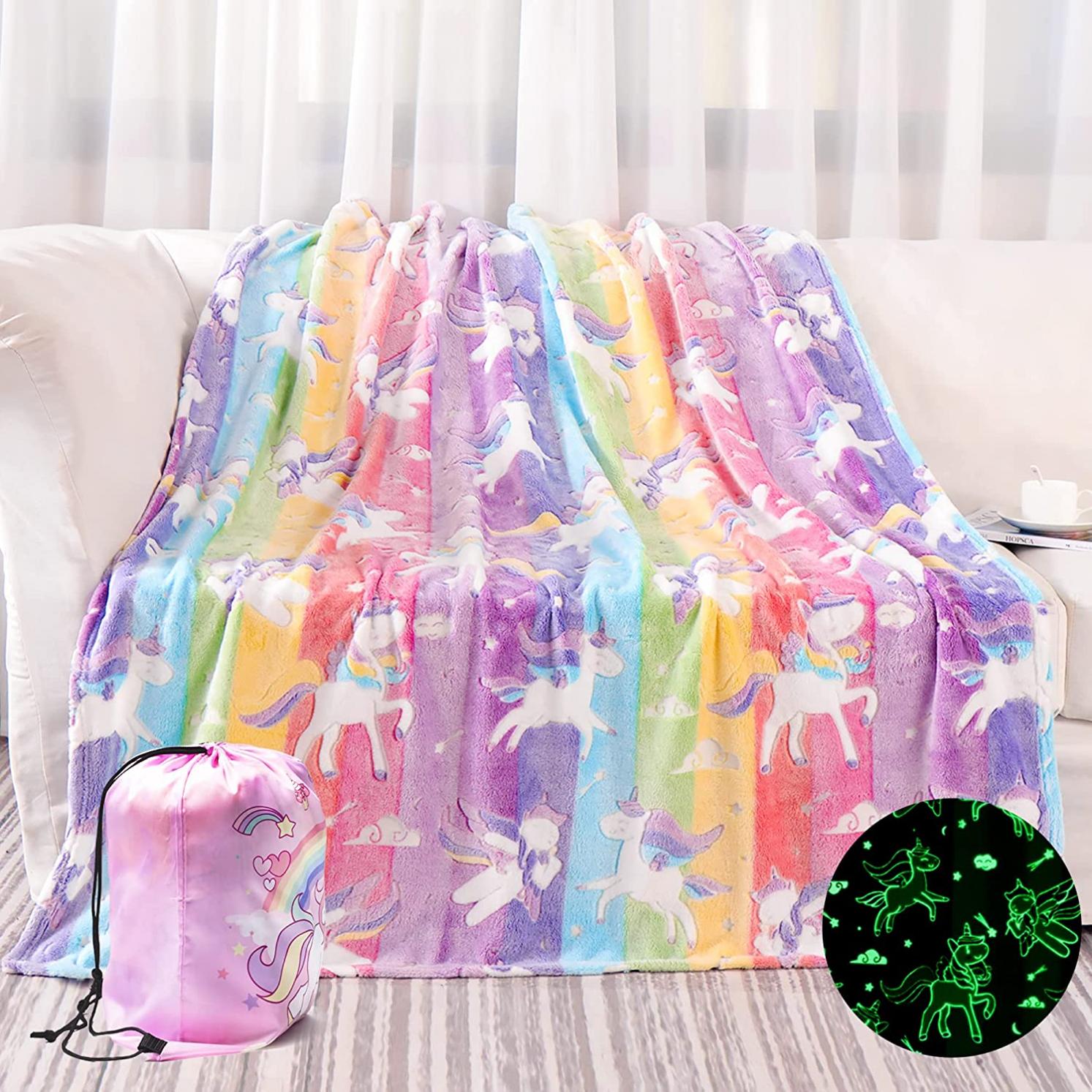 Glow in The Dark Blanket Unicorn Gifts for Girls, Soft Blanket 3 4 5 6 7 8 9 10 Year Old Girl Gifts Ideas, Toddler Girls Toys Age 6-8, Gifts for Girls for Birthday Christmas Halloween Thanksgiving