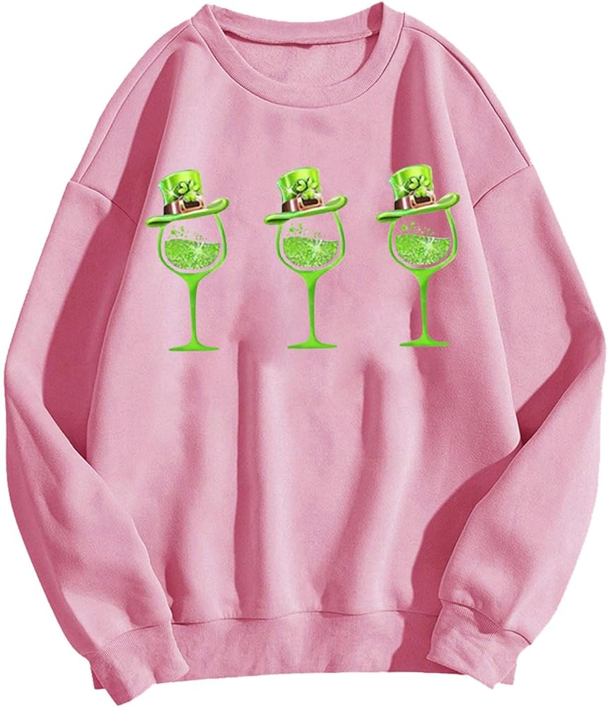 St Patricks Day Shirt Women Long Sleve Funny Irish Lucky Outfits Crewneck Sweatshirt Wine Glass Lucky Pullover Tops