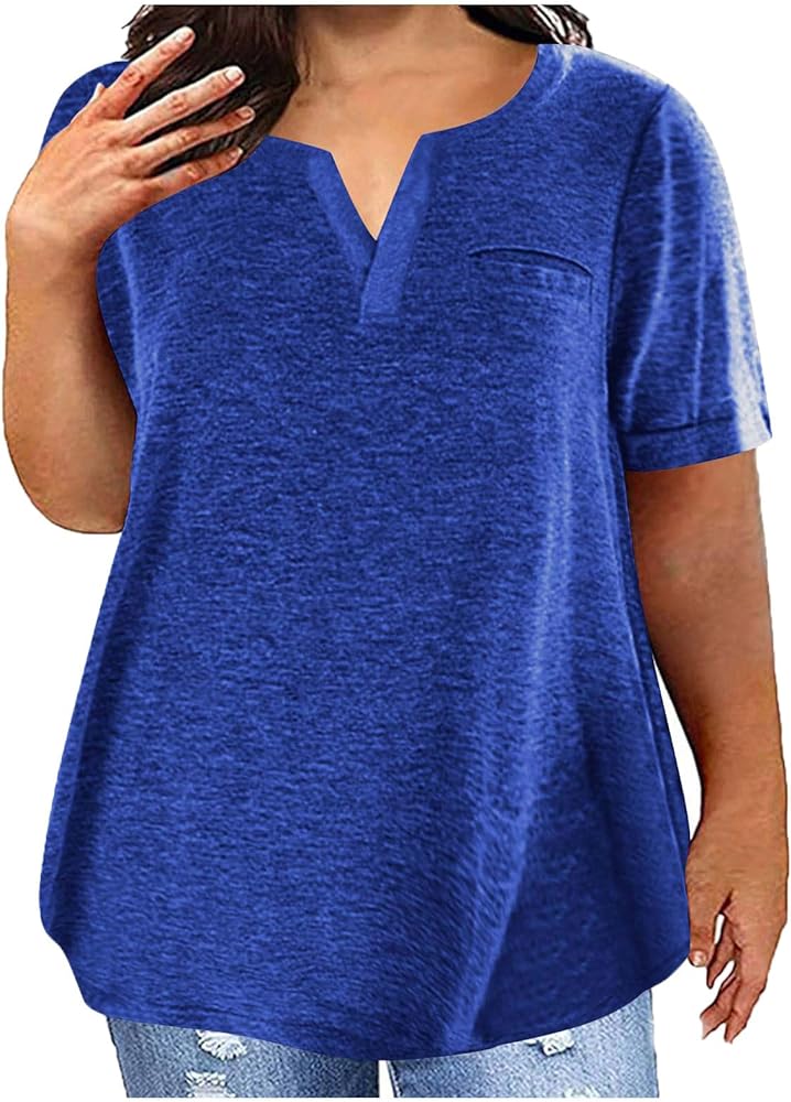 Women's Plus Size Tops Loose V-Neck Short Sleeve Blouse Solid Casual Loose Summer Shirt T-Shirts Basic Tunics
