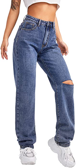 SweatyRocks Women's High Waist Slant Pocket Denim Jeans Ripped Straight Leg Pants