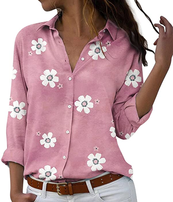 Women Fashion 2022 Floral Printed Casual Long Sleeve Button Down Shirts Tops Trendy V Neck Collar Blouses Tunic Top