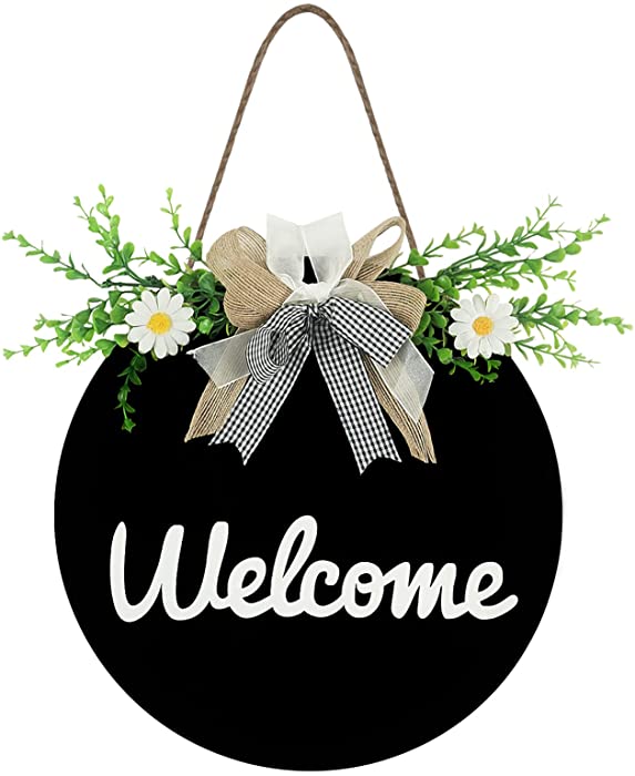 Uzycor Welcome Sign for Front Door Black Round Wooden Hanging Sign, Rustic Wall Decor Porch Farmhouse Outdoor Spring Summer Wreath for Home Restaurant D飯r