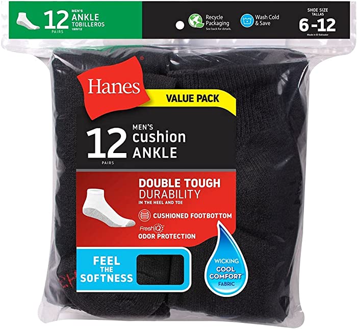 Hanes mens Ankle Socks 12-Pack(186V12)-Black-10-13-2PK