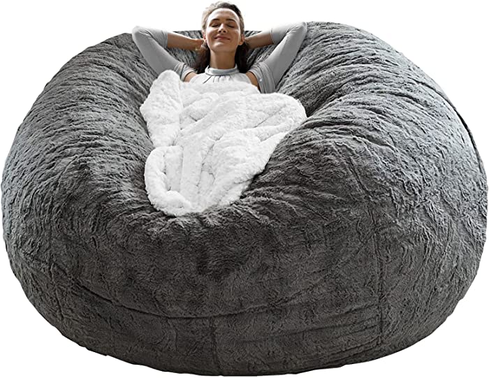 RAINBEAN Bean Bag Chair Cover(it was only a Cover, not a Full Bean Bag) Chair Cushion, Big Round Soft Fluffy PV Velvet Sofa Bed Cover, Living Room Furniture, Lazy Sofa Bed Cover,6ft Dark Grey