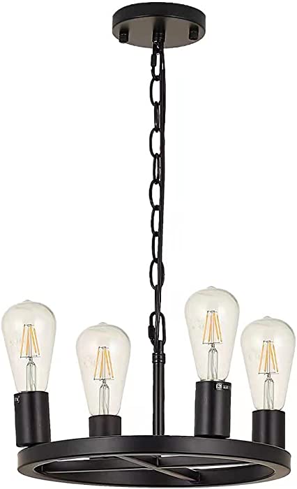 Tsiwgy Black Wheel Farmhouse Pendant Light with 4-Light Diam 12.52 inch, Retro Industrial Chandelier, Rustic Lighting Fixtures for Kitchen Island Dining Room, Hallway and Entryway