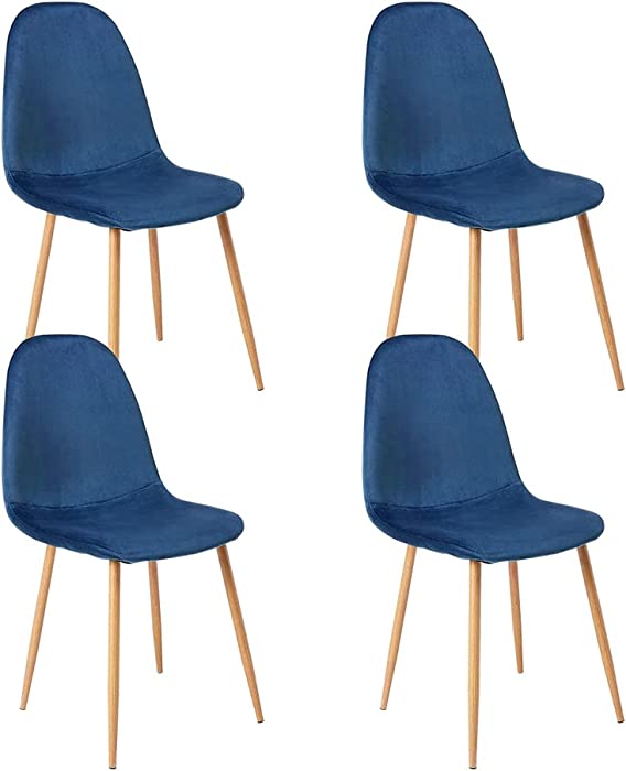 CangLong Dining Kitchen Velvet Cushion Seat, Upholstered Back and Metal Legs, Modern Mid Century Living Room Side Chairs, Set of 4, Blue