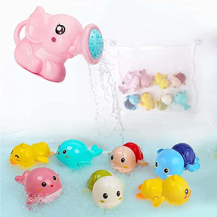 E-WOR Baby Bath Toys, 8 Pack Baby Bath Toys Hold, Bath Toys for Toddler 1-3,Floating Wind Up Toys, Bath Toys Storage,Baby Bathtub Toys Swimming Pool Outdoor Water Interactive BathToys,Funny Kids Gifts