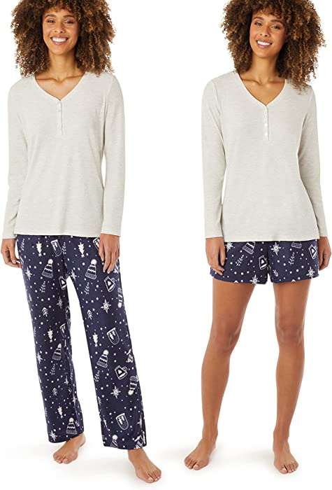 Eddie Bauer 3-Piece Waffle Knit Pajama Set for Women – Long Sleeve V-Neck Henley, Matching Print Pants & Shorts