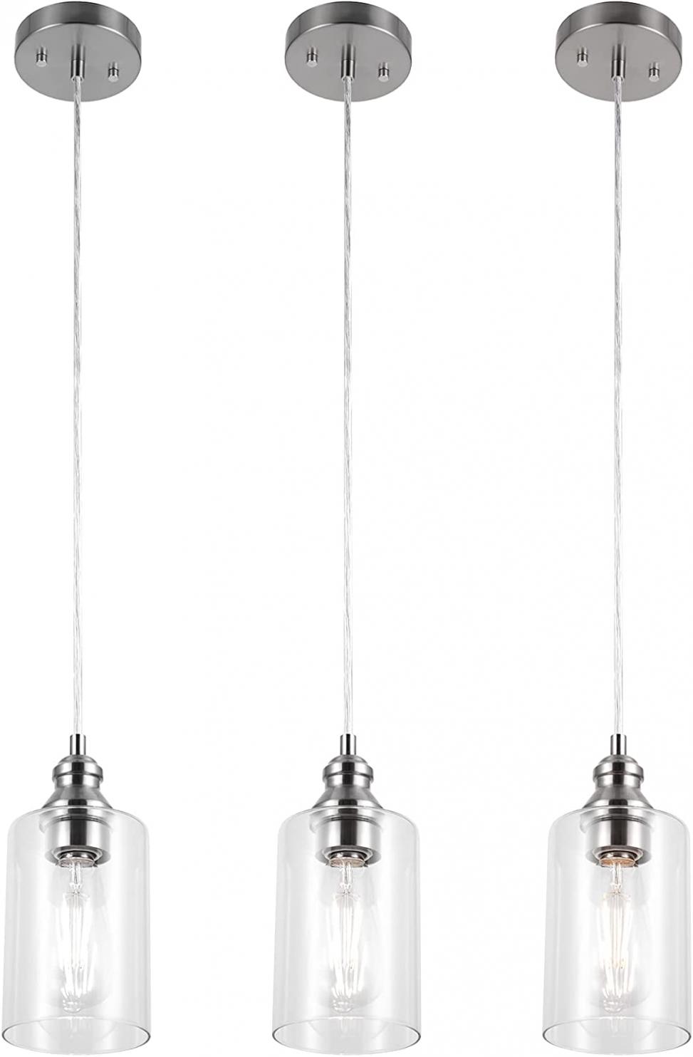 Gruenlich Pendant Lighting Fixture for Kitchen and Dining Room, Hanging Ceiling Lighting Fixture, E26 Medium Base, Metal Construction with Clear Glass, Bulb not Included, 3-Pack (Nickel Finish)